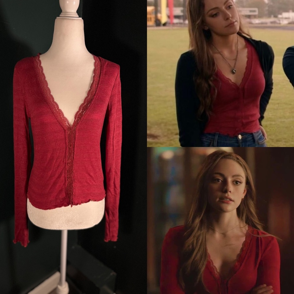 Forever 21 • Red Button Down Floral Lace Top • ASO Hope Mikaelson
